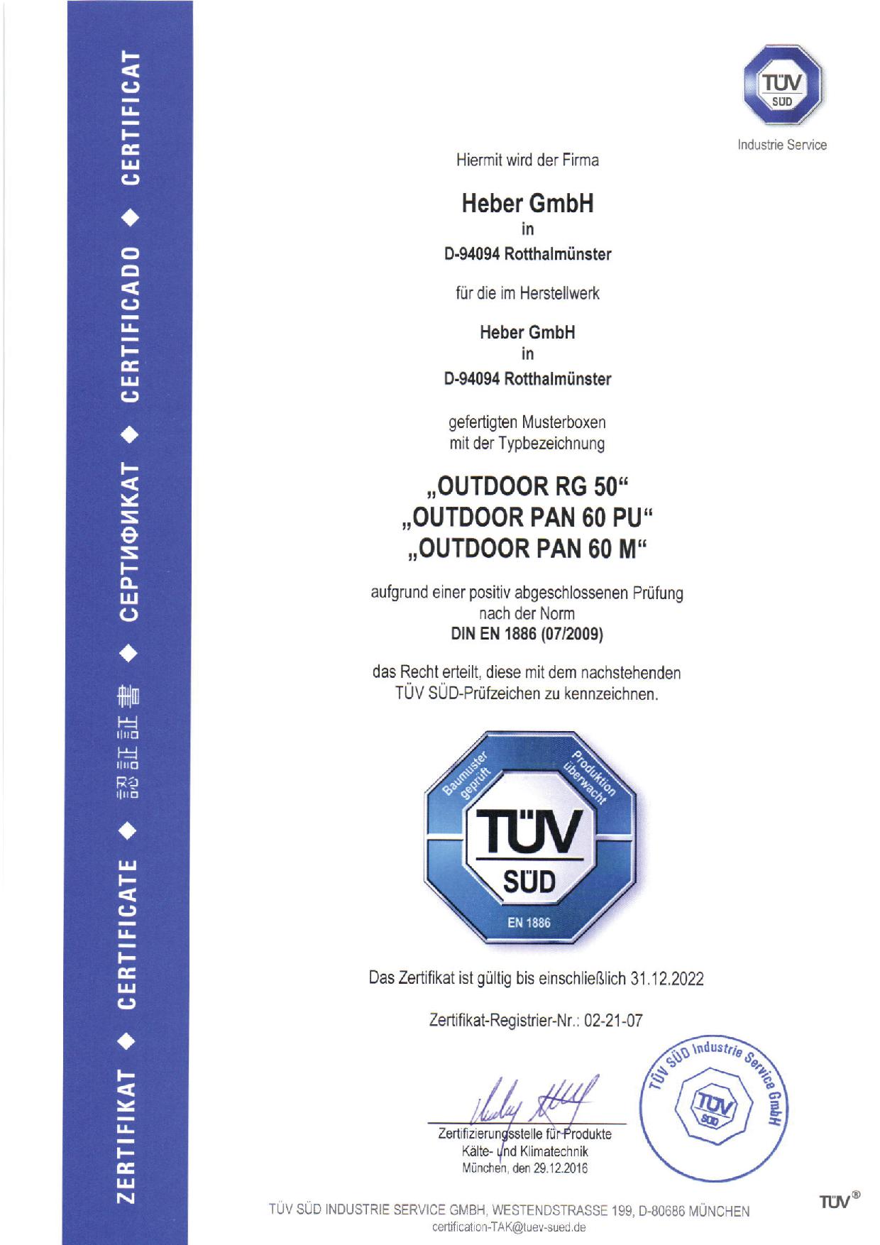 Zertifikat DIN EN 1886 OUTDOOR